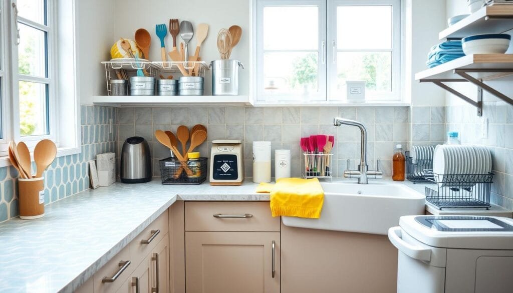 kitchen cleanup with disposable liners and organizational hacks